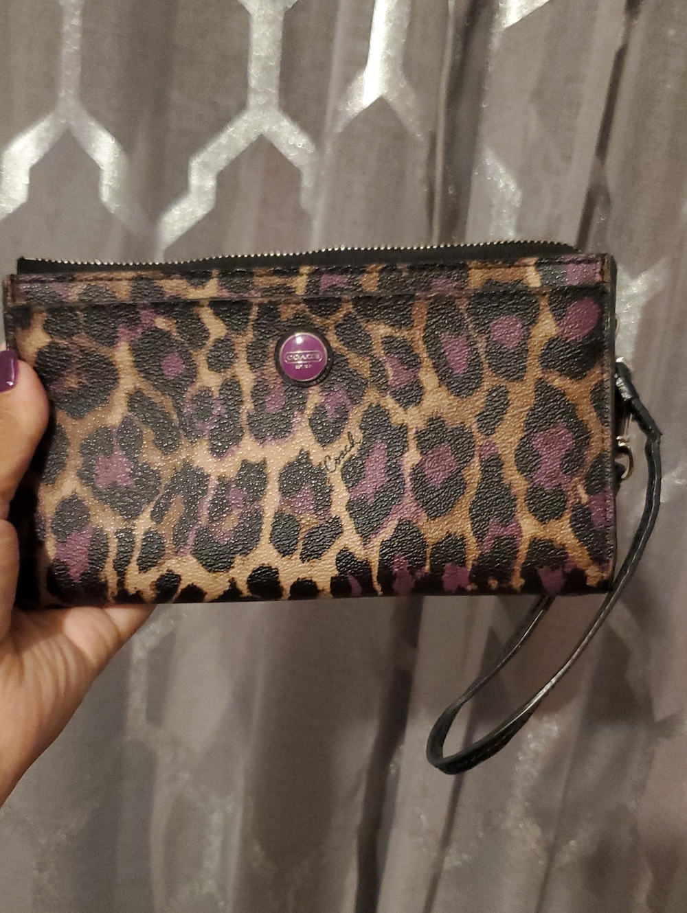 Coach Leopard Print Leather Wristlet in Purple and Brown